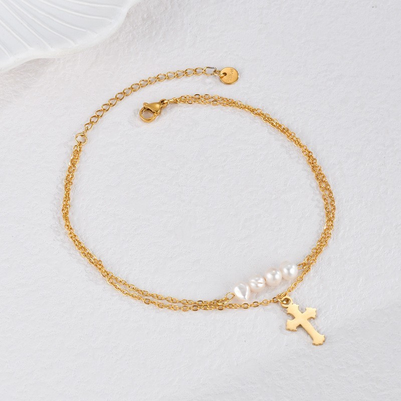 1 Piece Simple Classic Style Cross Shape Stainless Steel  Gold Color Inlay Artificial Pearl Women's Anklet h5 